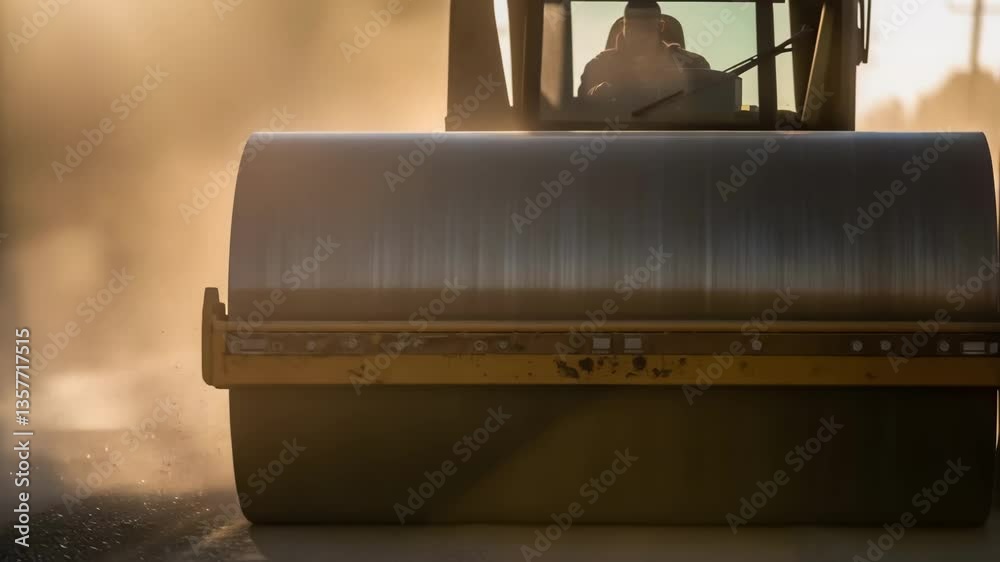 Poster A closeup of dust particles in sunlight as a steamroller compresses the ground showing the dusty environment created during the roadbuilding process.
