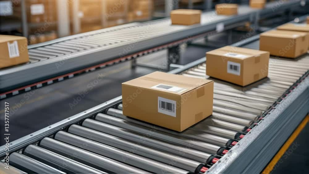 Poster A closeup of different types of packages on the conveyor ranging from small boxes to bulky items showcasing the diverse range of products handled in an automated warehouse system.