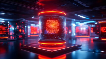 A futuristic, neon-lit technological marvel featuring a central data core suspended within a transparent containment unit, symbolizing advanced data storage and processing. 