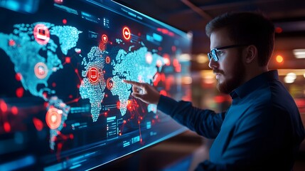 A man in glasses uses his hand to interact with a large screen displaying a vibrant, detailed world map. Capturing his focused gaze and pointing gesture which highlight the technological advancement.