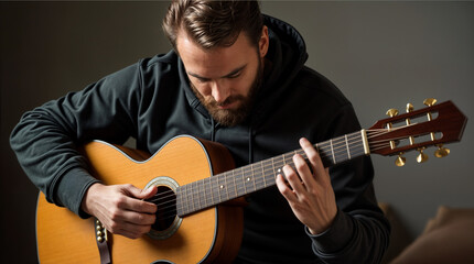 Obraz premium A man is playing a guitar in a dark room