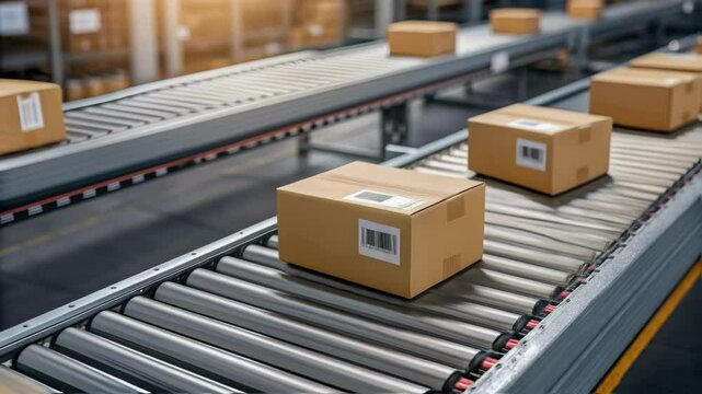 A closeup of different types of packages on the conveyor ranging from small boxes to bulky items showcasing the diverse range of products handled in an automated warehouse system.