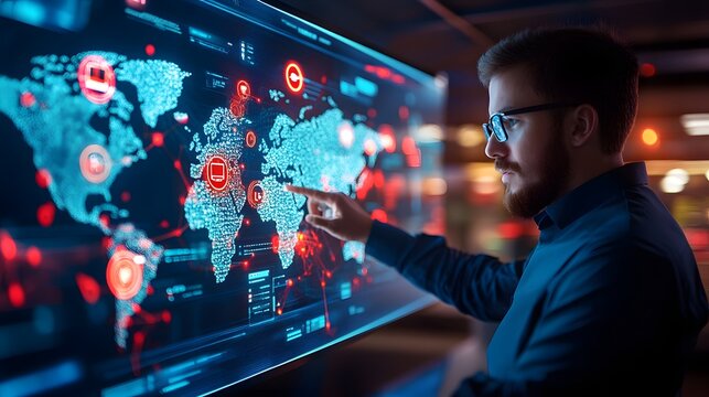 A man in glasses uses his hand to interact with a large screen displaying a vibrant, detailed world map. Capturing his focused gaze and pointing gesture which highlight the technological advancement. - Powered by Adobe