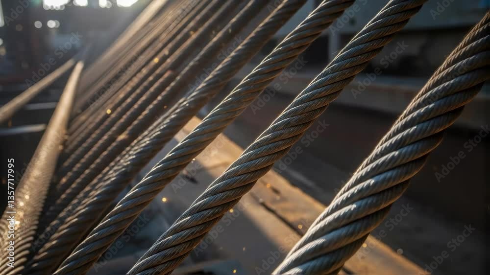 Poster a closeup of heavy steel cables being raised with glimmers of sunlight reflecting off their surfaces