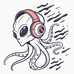 Alien head wearing headphones with glitch effects vector design