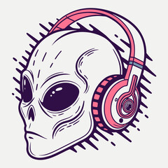 Alien head wearing headphones with glitch effects vector design