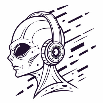 Alien head wearing headphones with glitch effects vector design