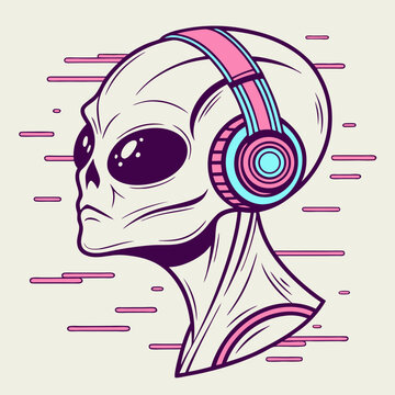Alien head wearing headphones with glitch effects vector design
