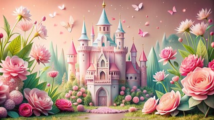 Pastel Pink Princess Castle Flower Garden Birthday Invitation Card