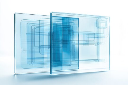 Abstract digital art depicting translucent blue glass panels with intricate inner lines, creating a modern tech feel.