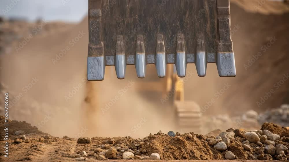 Poster A closeup of the excavators bucket as it digs deep into the earth dirt and pebbles cascading down illustrating the machines strength and the rugged environment.