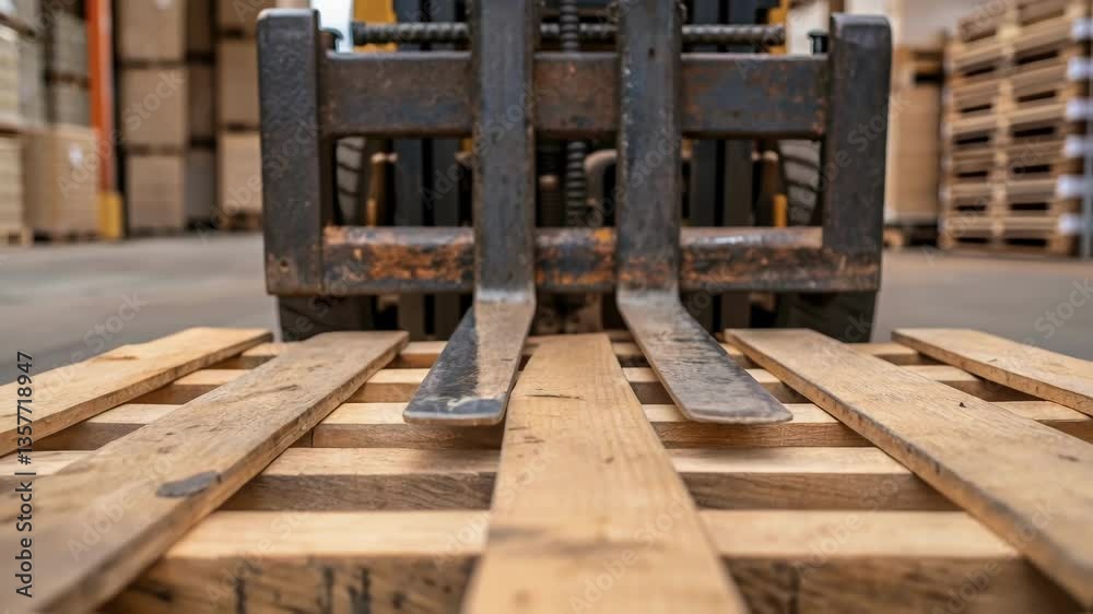 Poster a closeup of the forklifts fork piercing through a wooden pallet showcasing the texture of the wood 