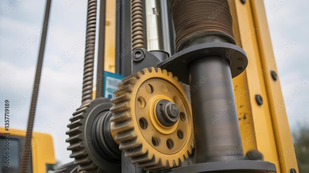 Poster A closeup of the mechanical components of the pile driver gears visibly rotating and hydraulic lines pulsing emphasizing the machines complexity and power.