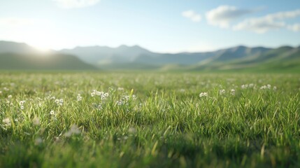 Fototapeta premium A serene landscape featuring lush green grass and distant mountains under a clear sky, evoking a sense of tranquility and natural beauty.