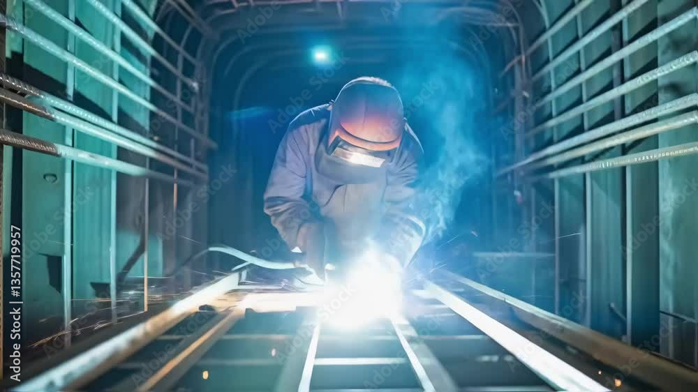 Aufkleber a closeup of welding sparks flying as a worker joins metal pieces illuminating the dark tunnel and h
