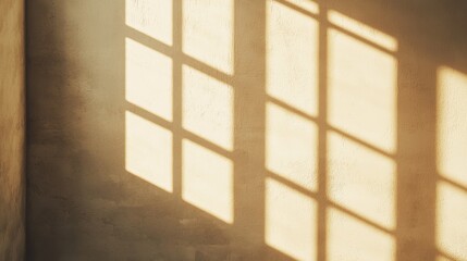 Soft sunlight casts geometric shadows on a textured wall, creating a warm and inviting atmosphere.