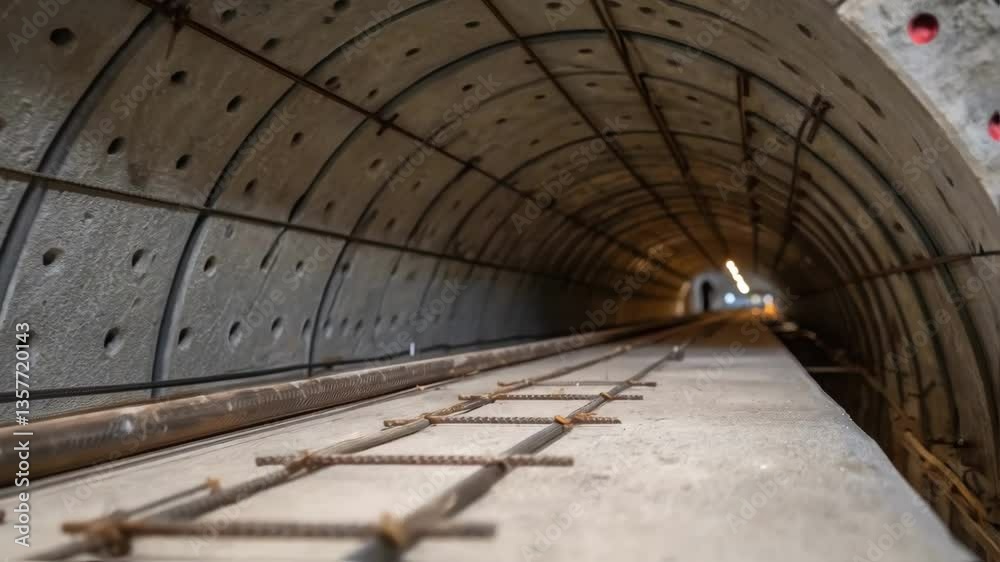 Poster A closeup shot of a concrete tunnel lining segment its rough surface textured with rebar and marks from the casting process ready for installation in the underground transit