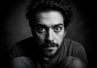 Fototapeta premium Black And White Picture Of A Man With Mental Disorder