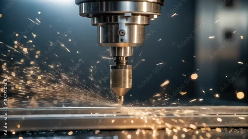 Fototapete A closeup showing a CNC machine bit carving precise threads into a steel rod with tiny metallic particles flying and a focused light illuminating the process.
