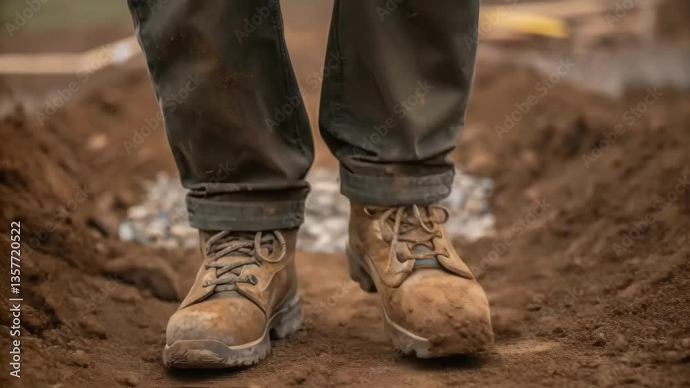 Poster a closeup showing a workers muddy boots standing on the freshly laid ballast embedding small stones 