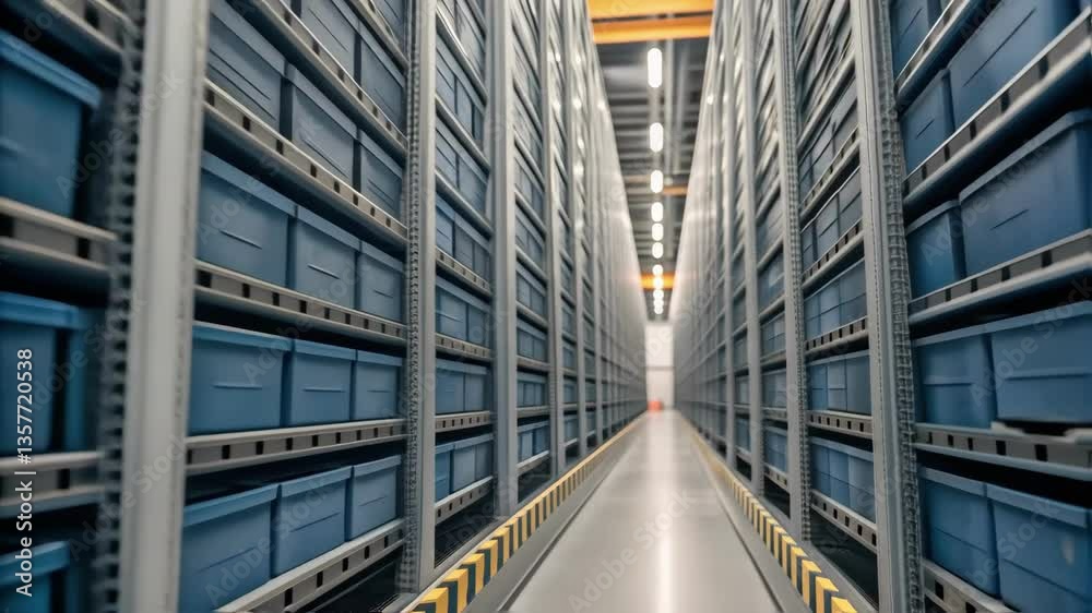 Aufkleber A closeup showing highdensity storage bins being accurately stacked with loading mechanisms visibly integrated into the modern storage architecture.