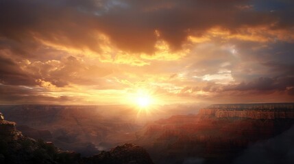 A breathtaking sunrise over a vast canyon, showcasing dramatic clouds and vibrant colors illuminating the rugged landscape.