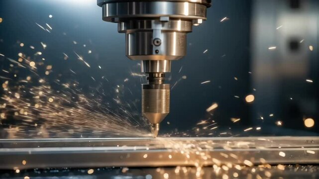 A closeup showing a CNC machine bit carving precise threads into a steel rod with tiny metallic particles flying and a focused light illuminating the process.
