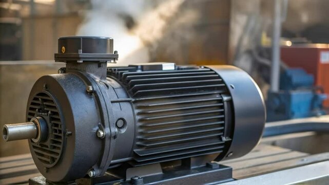 A closeup showing the powerful motor of the water pump highlighting the cooling fins and electrical connections with steam rising above it.