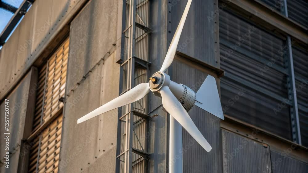 Poster A closeup view of a small wind turbine mounted on an industrial building with the turbines intricate blade structure contrasting against the rugged surface of the facility.