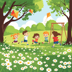 Naklejka premium Children Running and Flying Kites in a Lush Green Field Surrounded by Trees and Wildflowers