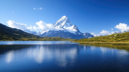 Fototapeta premium A serene landscape featuring a majestic mountain reflecting in a calm lake under a clear blue sky, surrounded by lush greenery and fluffy clouds.