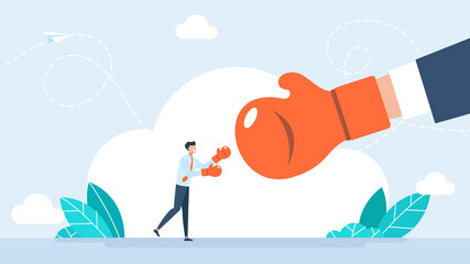 Businessman boxing against a giant businessman. Tiny young businessman fight boxing glove, concept competition industrial struggle market isolated on white. Flat design illustration.