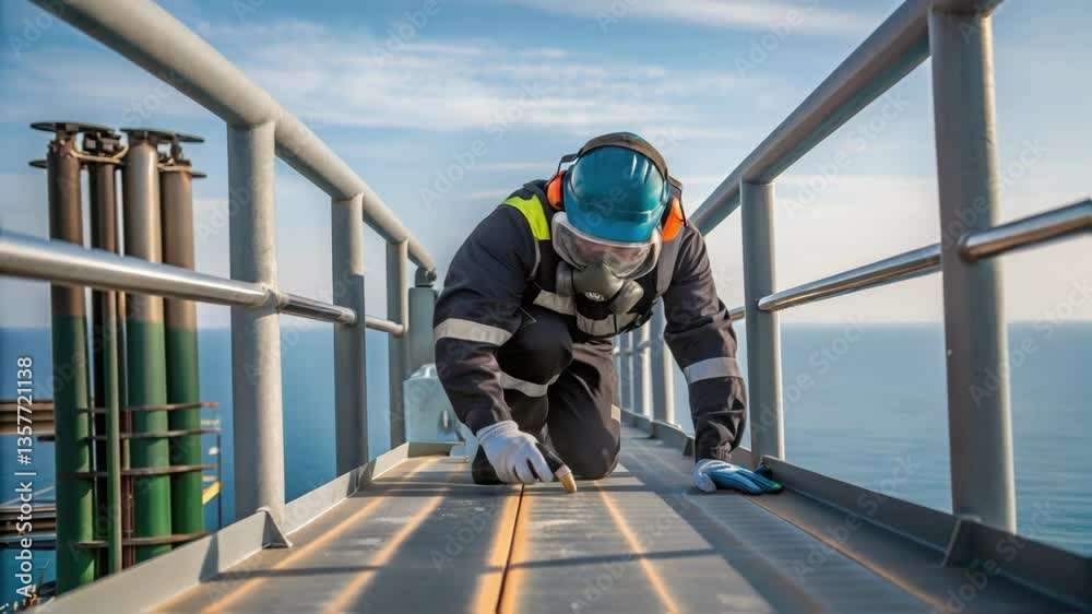 Poster a crew member applies protective coating to metal railings wearing a respirator and gloves while lea
