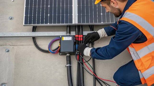 A detail shot of a solar inverter highlighting the connections and wiring as it is being installed on a concrete slab by a technician wearing safety gear.