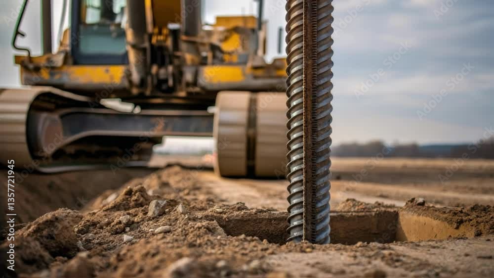Poster a medium closeup captures the intricate details of a steel pile being driven into the ground with hy