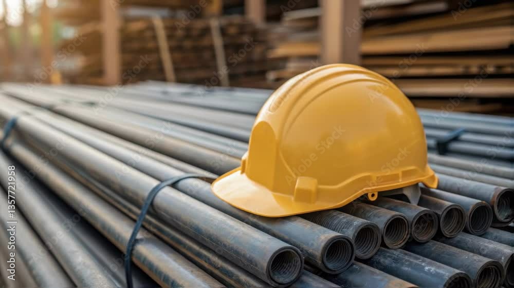 Aufkleber A medium closeup capturing a construction helmet resting on a stack of conduit materials symbolizing safety and readiness for the task ahead.