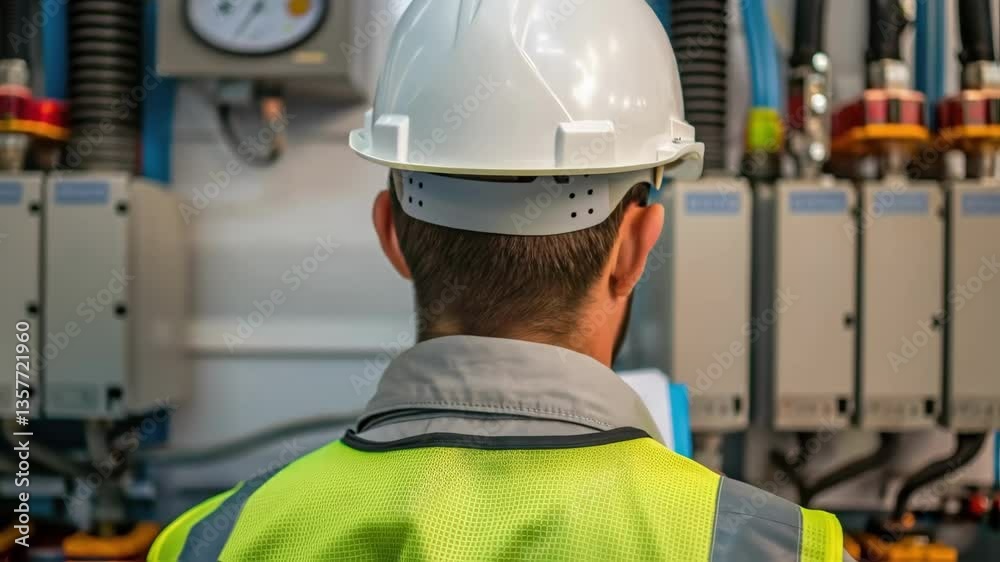 Poster A medium closeup capturing a safety helmet on a workers head with their focused gaze directed towards a complex array of equipment as they review installation instructions.