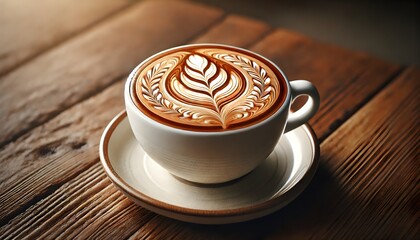 Elegant cappuccino with intricate latte art in a ceramic cup on a rustic wooden table. A warm and inviting coffee moment, perfect for café, barista, and coffee lover themes.