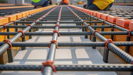 A medium closeup capturing the intricate layout of containment barriers with workers collaboratively placing interlocking sections for durability.