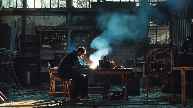 Craftsman working in a rustic workshop creating metal art in abandoned industrial space
