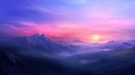 A stunning mountain landscape at sunset, showcasing vibrant colors in the sky and layered peaks bathed in soft light.
