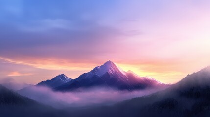 A serene landscape featuring majestic mountains bathed in soft light, with mist rolling through the valleys, creating a tranquil atmosphere.