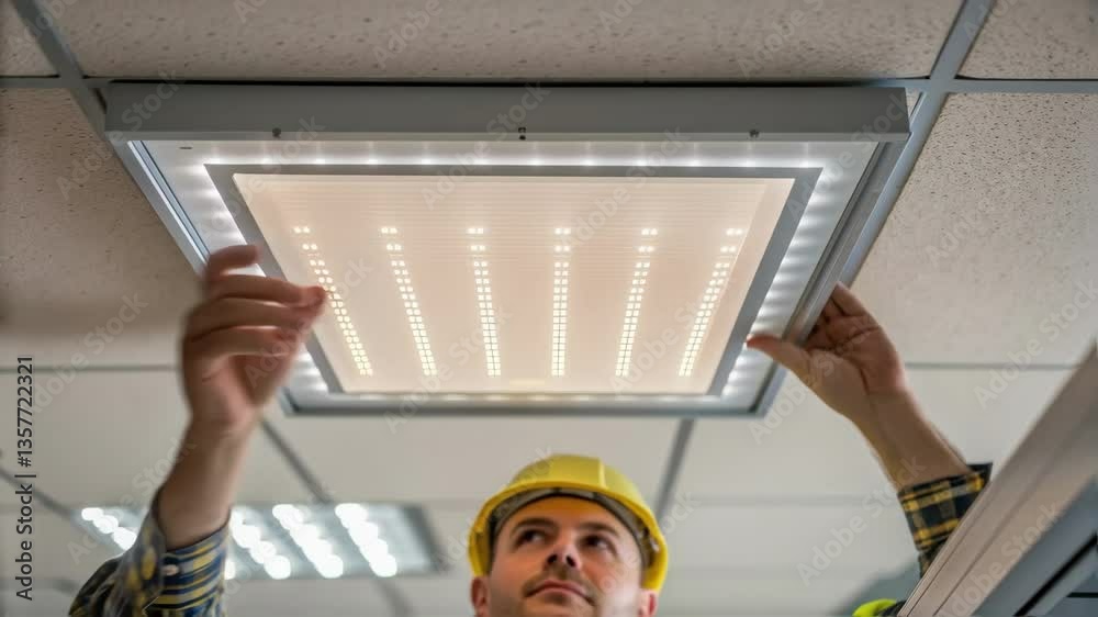 Aufkleber a medium closeup of a bright led panel being installed into a recessed ceiling mount showcasing the 