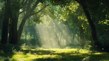 Sunlight Streams Through a Lush Green Forest Creating Bright Rays