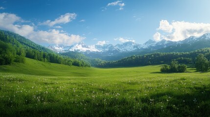 Fototapeta premium A serene landscape featuring lush green fields, majestic mountains, and a bright blue sky with scattered clouds, evoking tranquility and natural beauty.