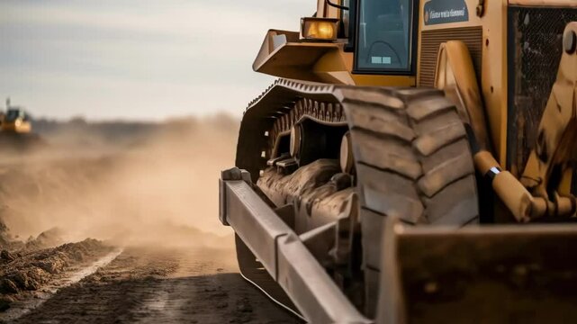 A medium closeup of a bulldozers blade pushing soil with mud splattering against the camera lens emphasizing the power and force of the machinery.