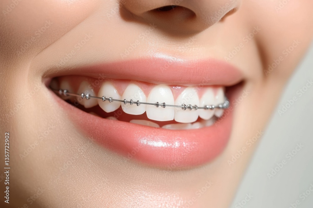 Poster Perfect close-up of a bright smile featuring braces on a minimalistic white background with soft lighting and high-detail reflections Generative AI