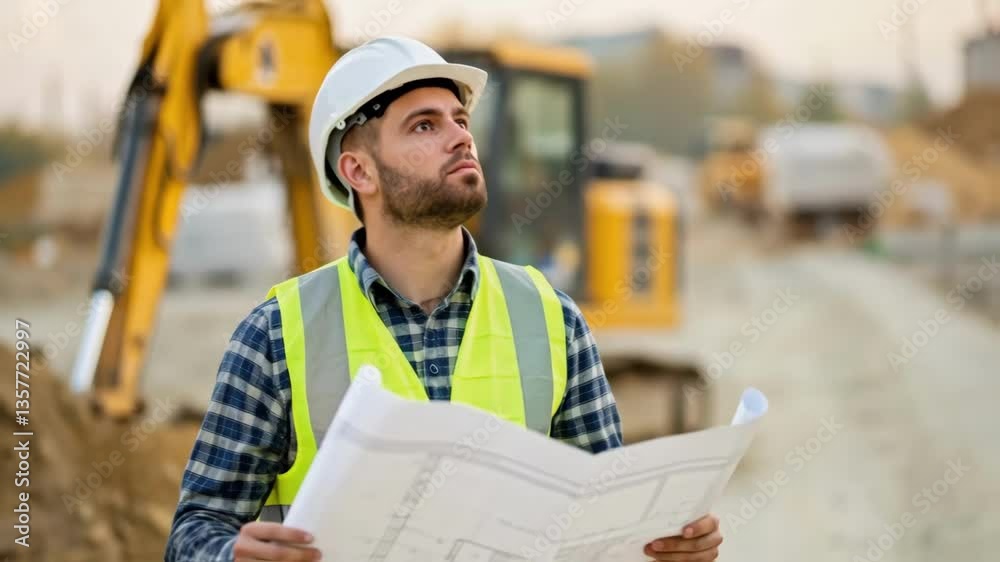 Poster a medium closeup of a crew member wearing a hard hat and reflective vest intently studying blueprint
