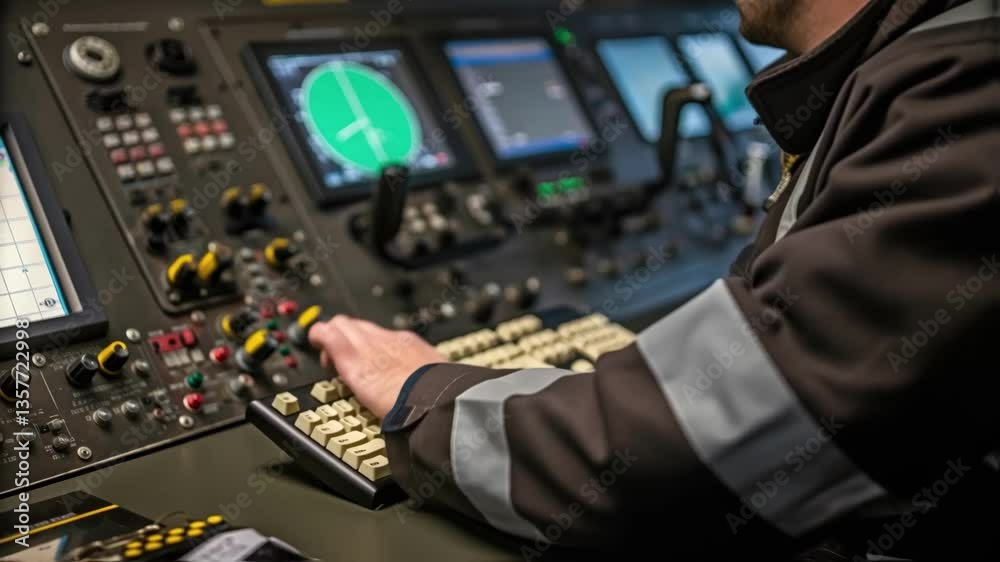 Aufkleber A medium closeup of a crew member in a hard hat and safety goggles concentrating intently on a control panel filled with gauges levers and screens displaying realtime data from the