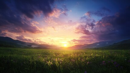 Obraz premium A breathtaking sunset over rolling hills, illuminating the sky with vibrant colors, casting a warm glow on the lush green meadow below.
